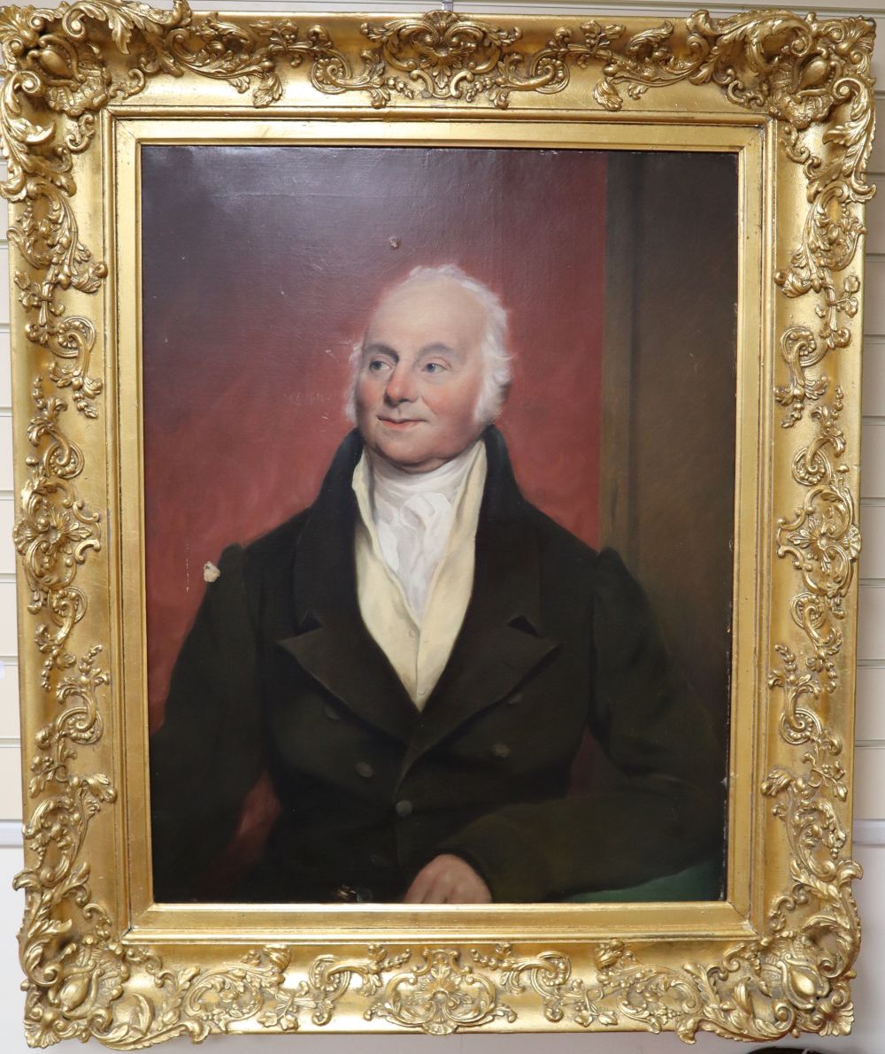 English School c.1840, oil on canvas, Half length portrait of a gentleman, 90 x 70cm